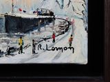 a painting of a painting of people walking in the snow