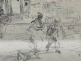 dessin représentant un homme et une femme marchant dans la rue avec un chien