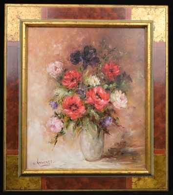 une peinture de fleurs dans un vase sur une table