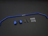a close up of a blue sway bar with bolts and nuts on a black background