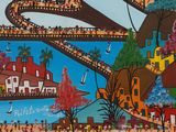 a painting of a bridge over a river with people walking on it