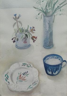 a painting of flowers in a vase and a plate on a table