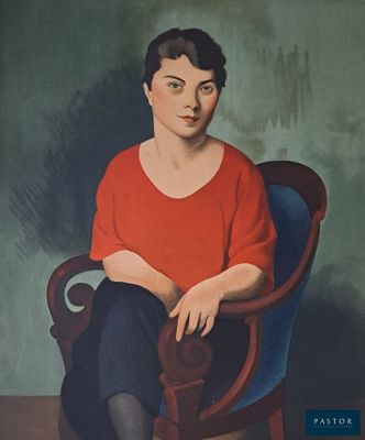 tableau représentant une femme assise sur une chaise, les jambes croisées