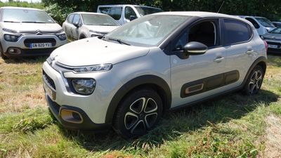 une petite voiture blanche garée dans l'herbe à côté d'autres voitures