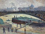 une peinture représentant un bateau sur l'eau