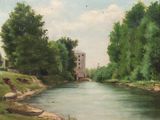 tableau représentant une rivière, avec une tour au loin et un bateau au premier plan