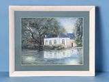 painting of a white house by the water with a blue sky in the background