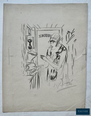 an old drawing of a man standing in front of a door