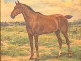 painting of a brown horse standing in a field with a fence in the background