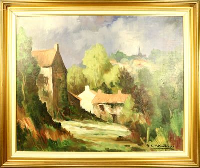 une image d'une peinture représentant une maison sur une colline