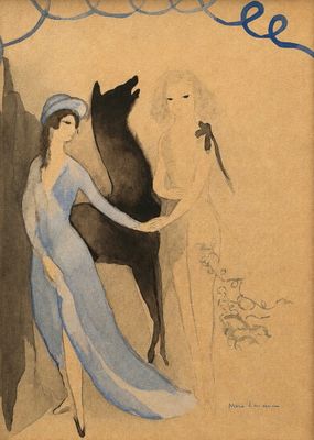 painting of a woman and a dog in a blue dress standing in front of a tree
