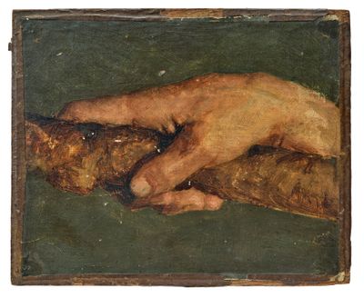 an old painting of a hand resting on a tree branch