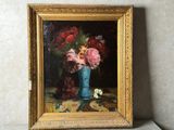 une peinture de fleurs dans un vase bleu sur une table