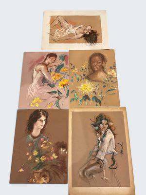 four paintings of a woman with flowers in her hair and a woman laying on the ground