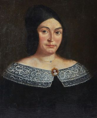un vieux tableau représentant une femme en robe noire avec un col en dentelle blanche