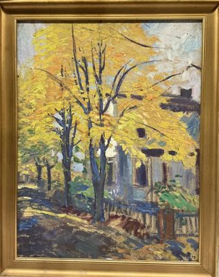 an oil painting of a yellow tree in front of a house