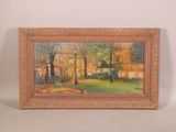 une image représentant un tableau d'un parc avec des arbres et un banc
