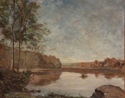 l'image d'une peinture représentant une rivière avec un bateau dans l'eau