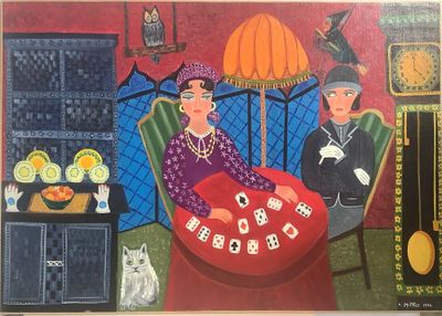 un tableau représentant deux femmes jouant aux cartes dans une pièce
