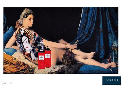 a woman sitting on a bed with a dog and a bottle of perfume