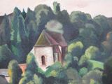 a painting of a church in the middle of a forest