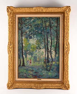 an oil painting of a forest scene with trees in the foreground