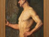 un tableau représentant un homme moustachu debout devant un mur