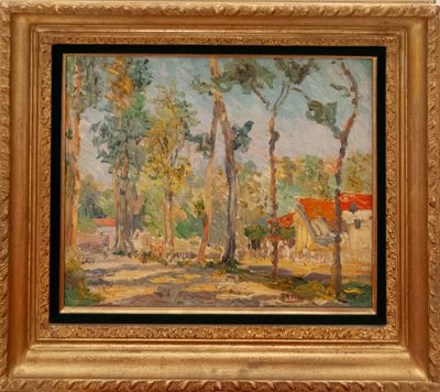 an image of a painting of a house in a wooded area