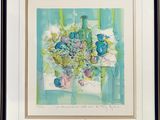 painting of a vase of blue flowers on a blue background