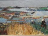 un tableau représentant un homme à cheval au bord de l'eau