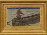 tableau représentant un homme dans un bateau, pagayant sur l'eau