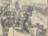 un vieux dessin représentant un groupe de personnes rassemblées autour d'une église