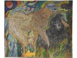 une image représentant un tableau où l'on voit un ours et un chien dans un champ