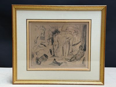 drawing of a group of people in a room with a black background