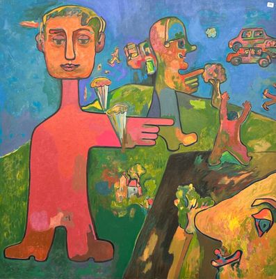 a painting of a man holding a glass of water