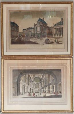 two framed pictures of a building with a clock on the front and a picture of a building with a clock on the back