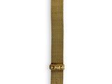 a gold mesh watch strap with a gold clasp