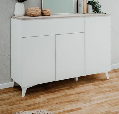 Buffet 3 portes 1 tiroir BERTIX, décor travertin et blanc -D…