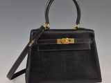 un sac à main en cuir de lézard noir avec des finitions dorées sur la poignée