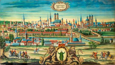 une image représentant un tableau d'une ville avec un château en arrière-plan