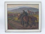 a painting of two men riding horses on a dirt road