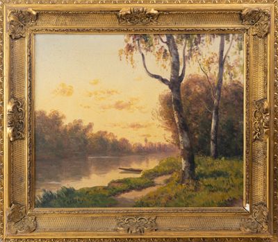 an oil painting of a river scene with a boat in the distance