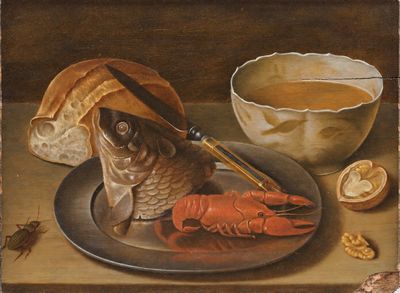 a painting of a fish on a plate next to a bowl of soup