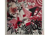 un tableau rouge et noir sur lequel est représenté un crâne