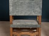 pair of antique oak and upholstered chairs with blue upholstered seat