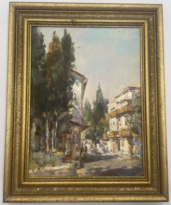 une peinture à l'huile représentant une scène de rue avec des personnes marchant dans la rue