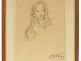 un dessin représentant une femme aux longs cheveux, dans un cadre en bois