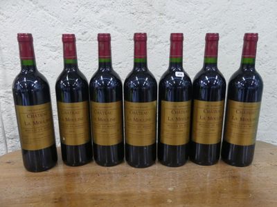 six bouteilles de vin rouge alignées sur une table en bois