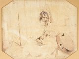 dessin représentant une femme assise sur un lit, coiffée d'un chapeau
