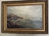 une peinture à l'huile représentant une vue sur l'océan avec des rochers au premier plan